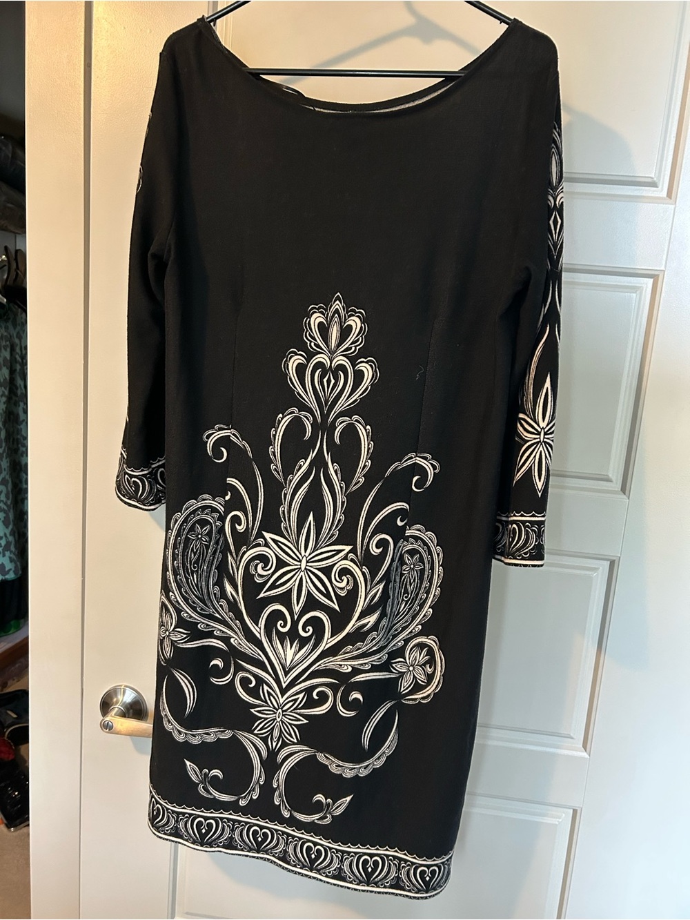 Black Dress with White Floral Scroll Print - Women's Dress